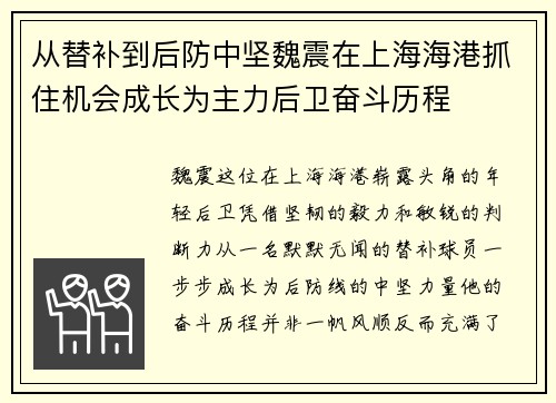 从替补到后防中坚魏震在上海海港抓住机会成长为主力后卫奋斗历程